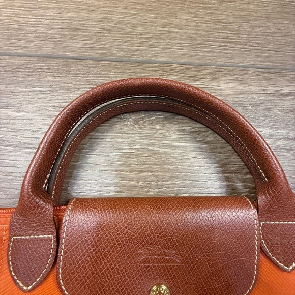 Longchamp Le Pliage Large Travel Weekender Tote Orange Leather Fair Condition - Picture 2 of 16